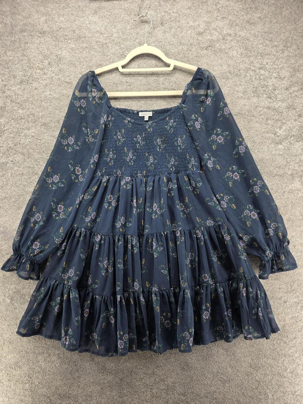Patrons Of Peace Dress Womens S Blue Floral Trapeze Short Smocked Ruffle